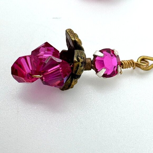 Robin Goodfellow Fuschia Pink Dangle Earrings Gold-Plated Earwires Crystals - Picture 6 of 8